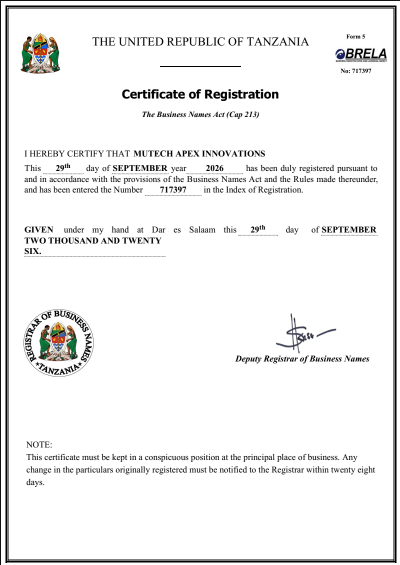 BRELA Certificate of Registration, Mutech Apex Innovations, number 717397