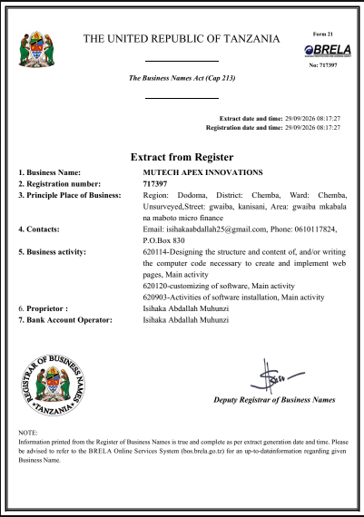 BRELA Extract from Register for Mutech Apex Innovations