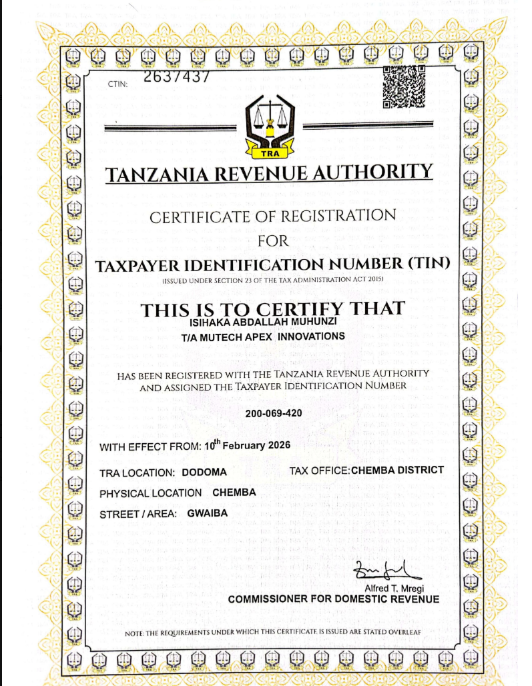 TRA TIN certificate for Mutech Apex Innovations